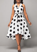 Turndown Collar Polka Dot White Belted Dress