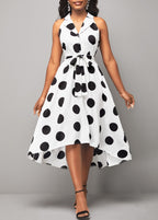 Turndown Collar Polka Dot White Belted Dress