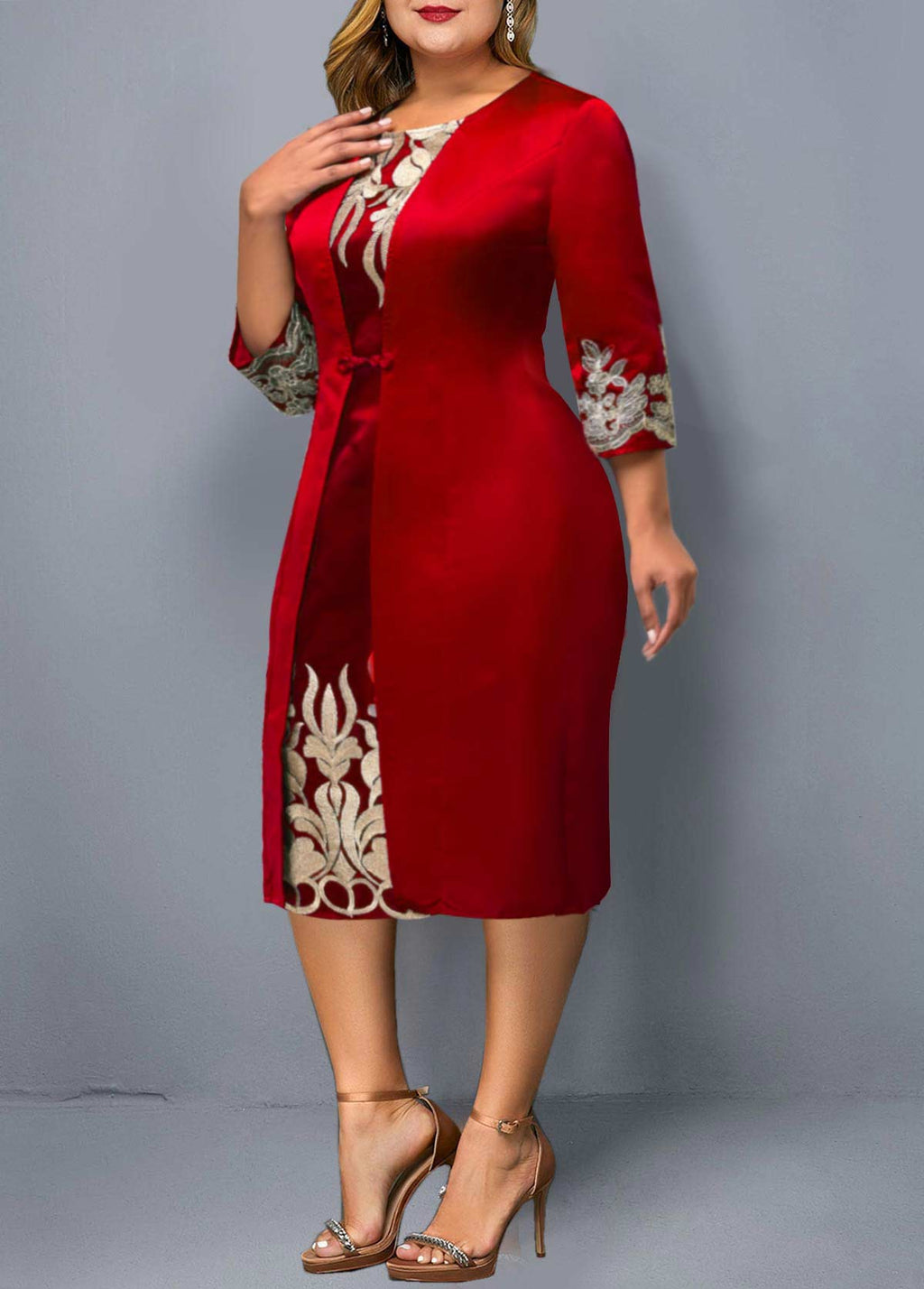 3/4 Sleeve Round Neck Embroidered Dress