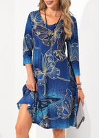 Butterfly Print 3/4 Sleeve Blue Dress