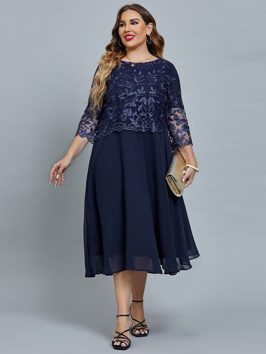 Women's Plus Size Curve Party Dress Floral Crew Neck Mesh 3/4 Length Sleeve Winter Fall Elegant Prom Dress Maxi long Dress Formal Party Dress / Lace