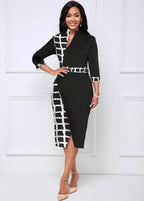 Crossover Hem Plaid 3/4 Sleeve Dress