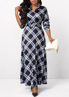 Plaid Button Black Shirt Collar Maxi Dress