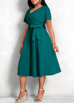 Short Sleeve V Neck Belted Dress