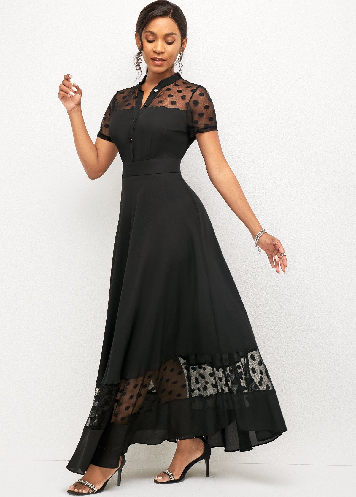 Mesh Stitching Short Sleeve Polka Dot Dress