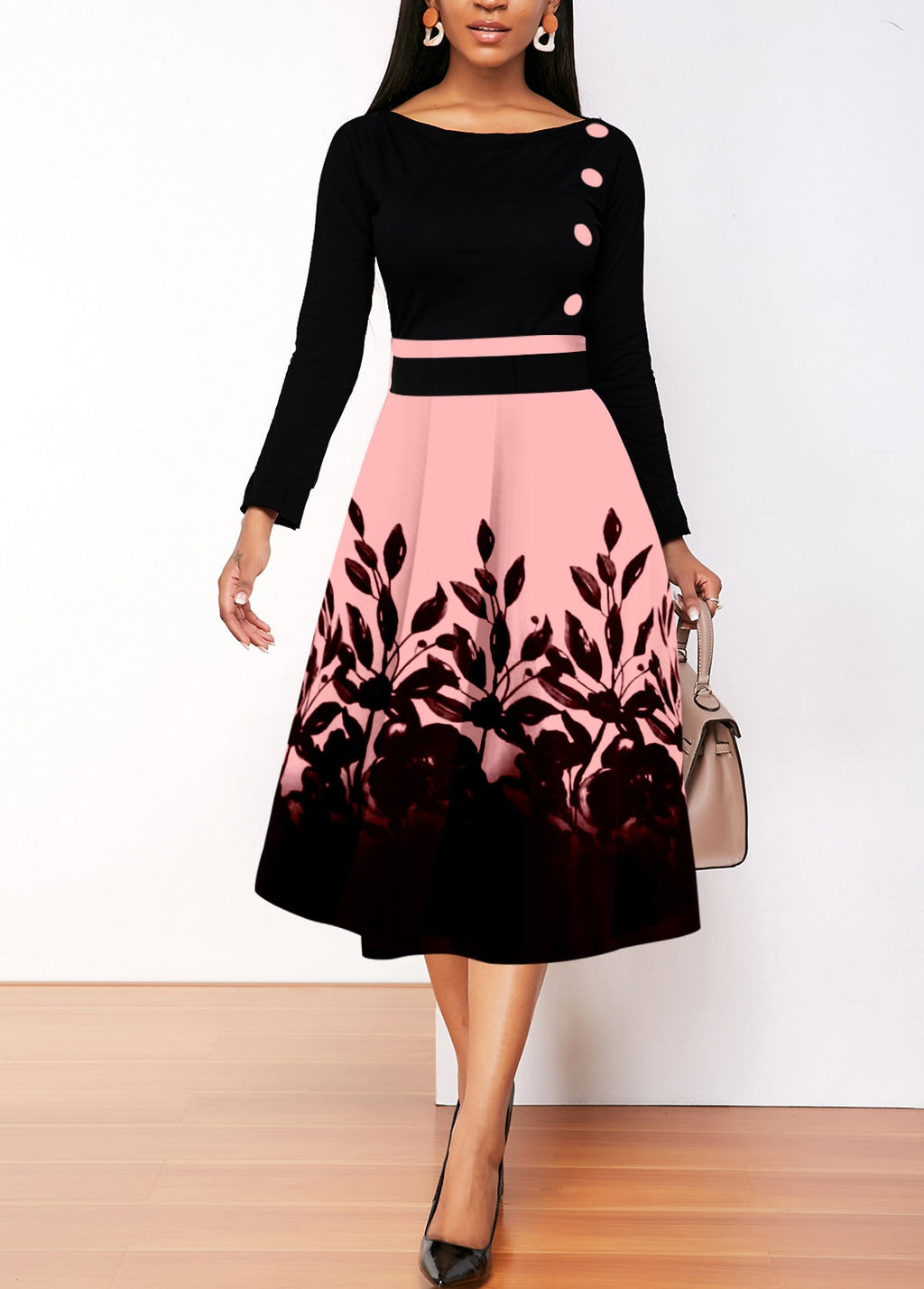 Floral Print Button Pink Boat Neck Dress
