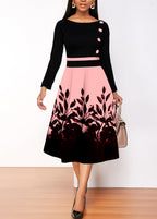 Floral Print Button Pink Boat Neck Dress