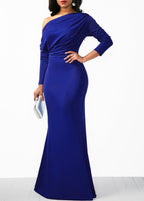 Skew Neck Draped Long Sleeve Mermaid Dress