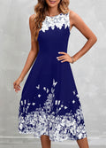 Floral Print Sleeveless Navy High Waist Dress
