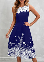 Floral Print Sleeveless Navy High Waist Dress