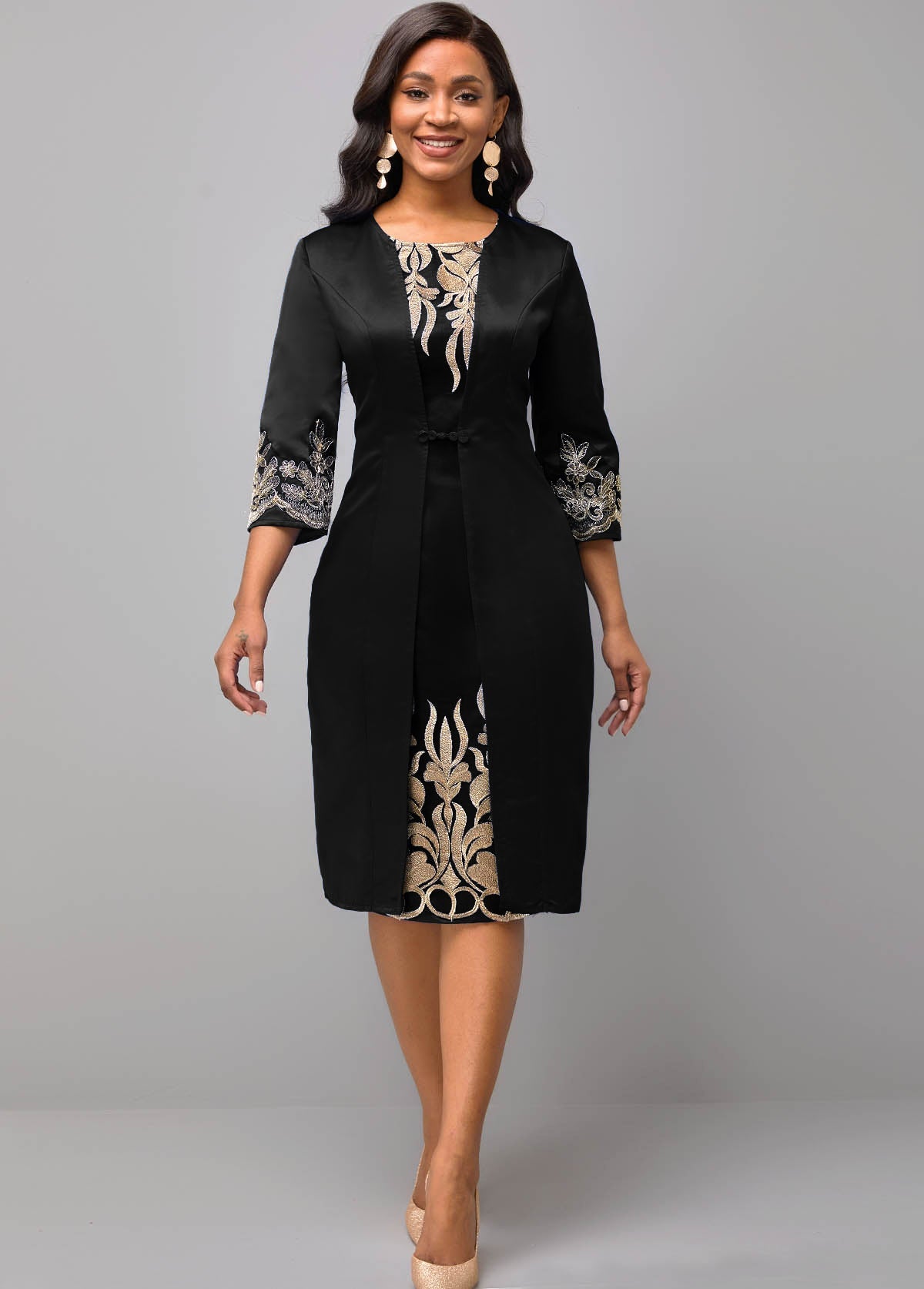 3/4 Sleeve Round Neck Embroidered Dress