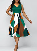 Green Geometric Print V Neck Dress