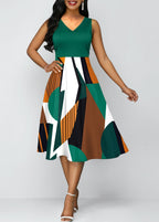 Green Geometric Print V Neck Dress