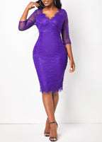 Purple Lace Stitching V Neck 3/4 Sleeve Dress
