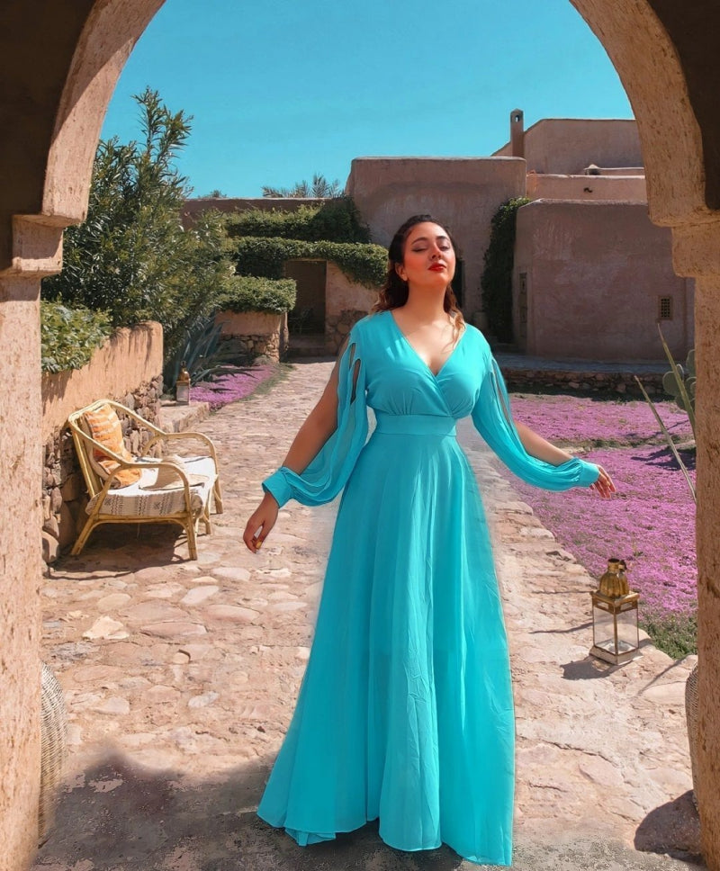 Cutout Sleeve V Neck Maxi Dress