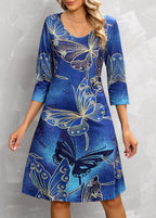 Butterfly Print 3/4 Sleeve Blue Dress