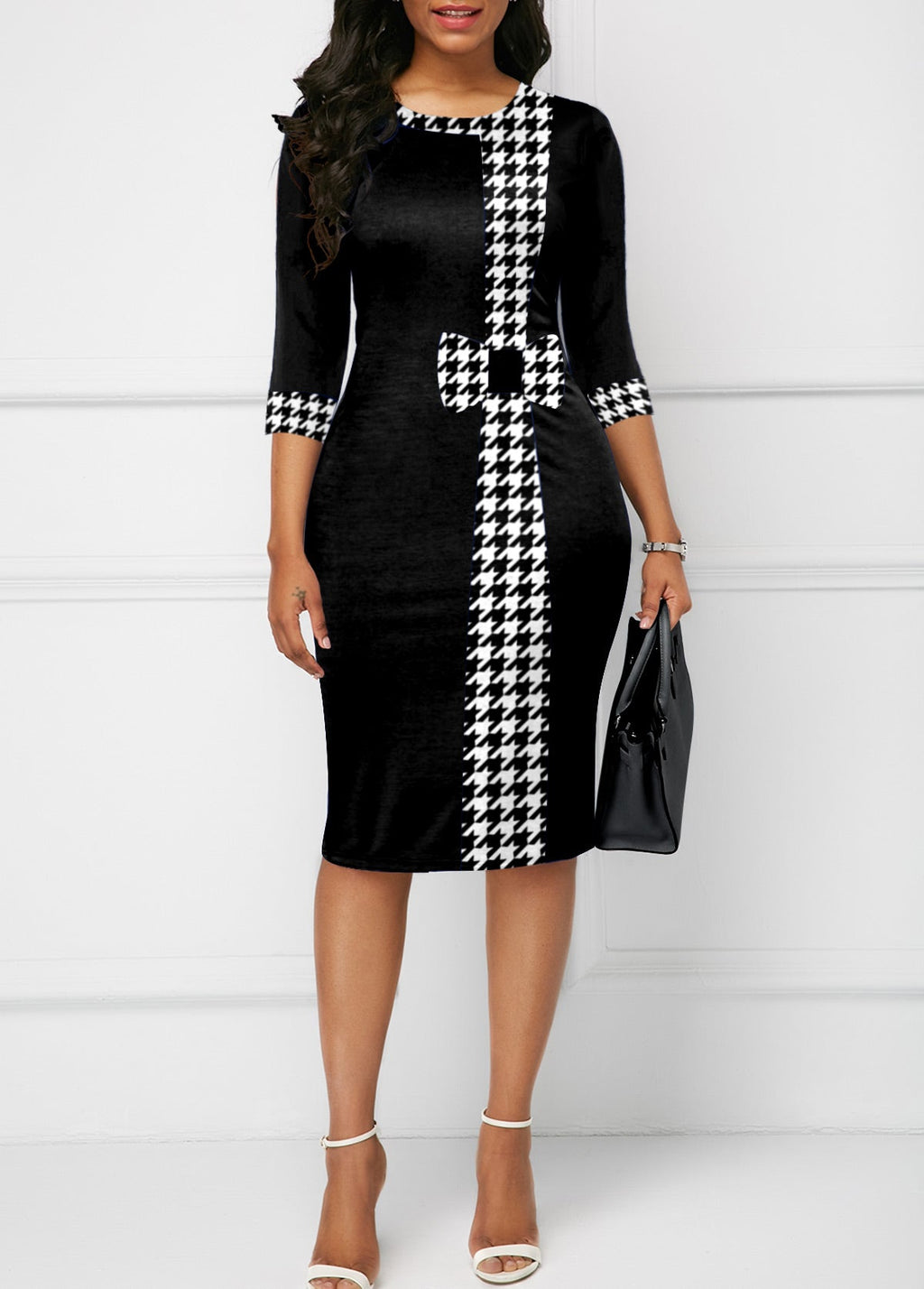Houndstooth Print Bowknot Knee Length Bodycon Dress