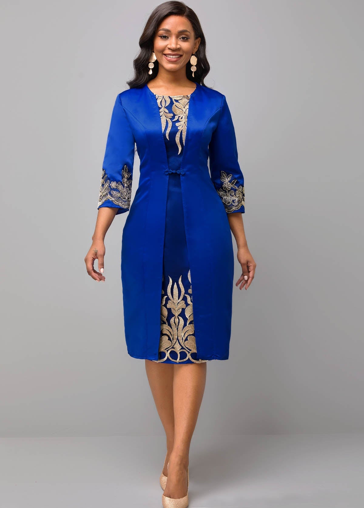 3/4 Sleeve Round Neck Embroidered Dress