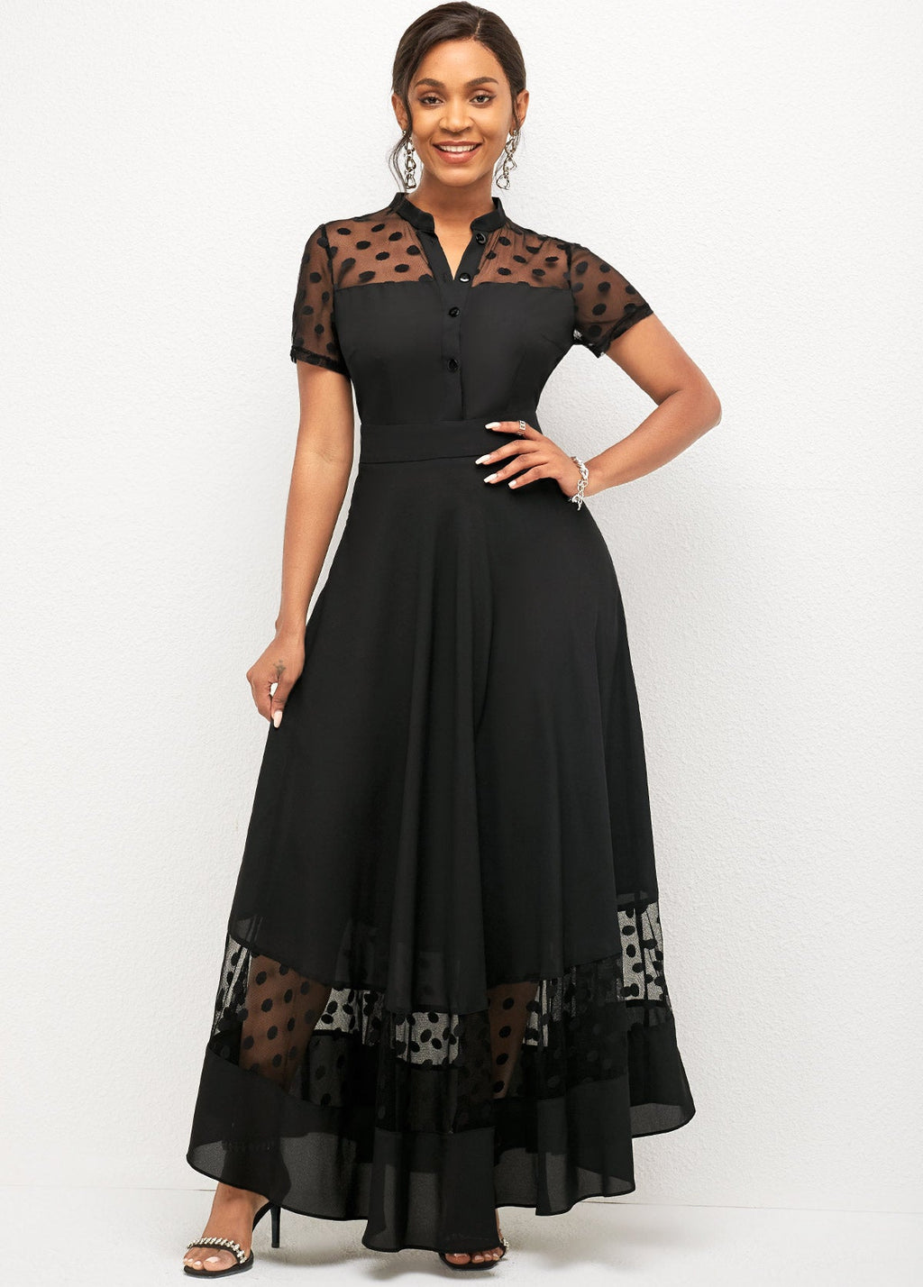 Mesh Stitching Short Sleeve Polka Dot Dress
