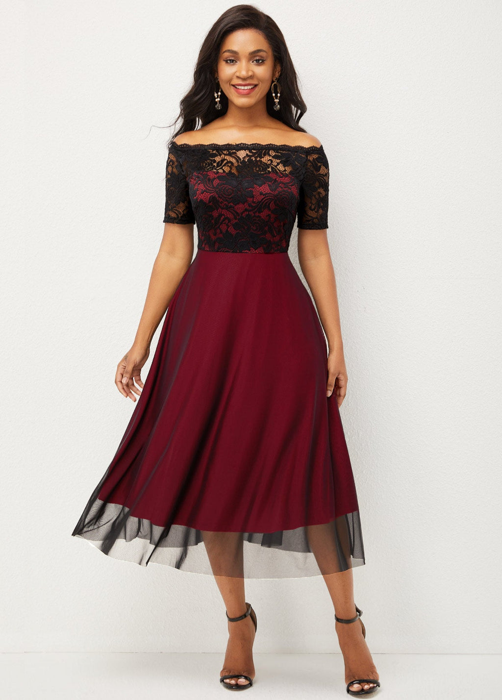 Lace Patchwork Off Shoulder Short Sleeve Dress