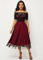 Lace Patchwork Off Shoulder Short Sleeve Dress