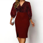 Women's Plus Size Sequin Dress Pure Color V Neck 3/4 Length Sleeve Winter Fall Fashion Elegant Sequins Midi Dress Office Work Dress