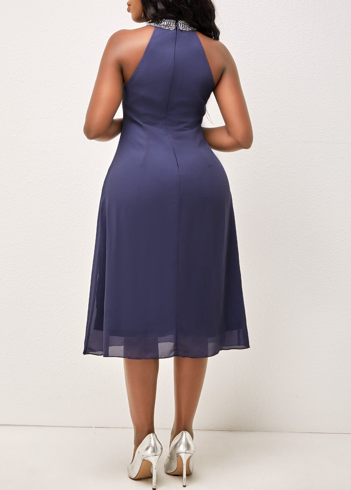 Solid Embellished Neck Flounce Sleeveless Dress