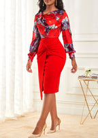 Floral Print Decorative Button Wine Red Dress