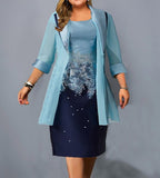 Women's Plus Size Dress Set Color Block Round Neck 3/4 Length Sleeve Dress