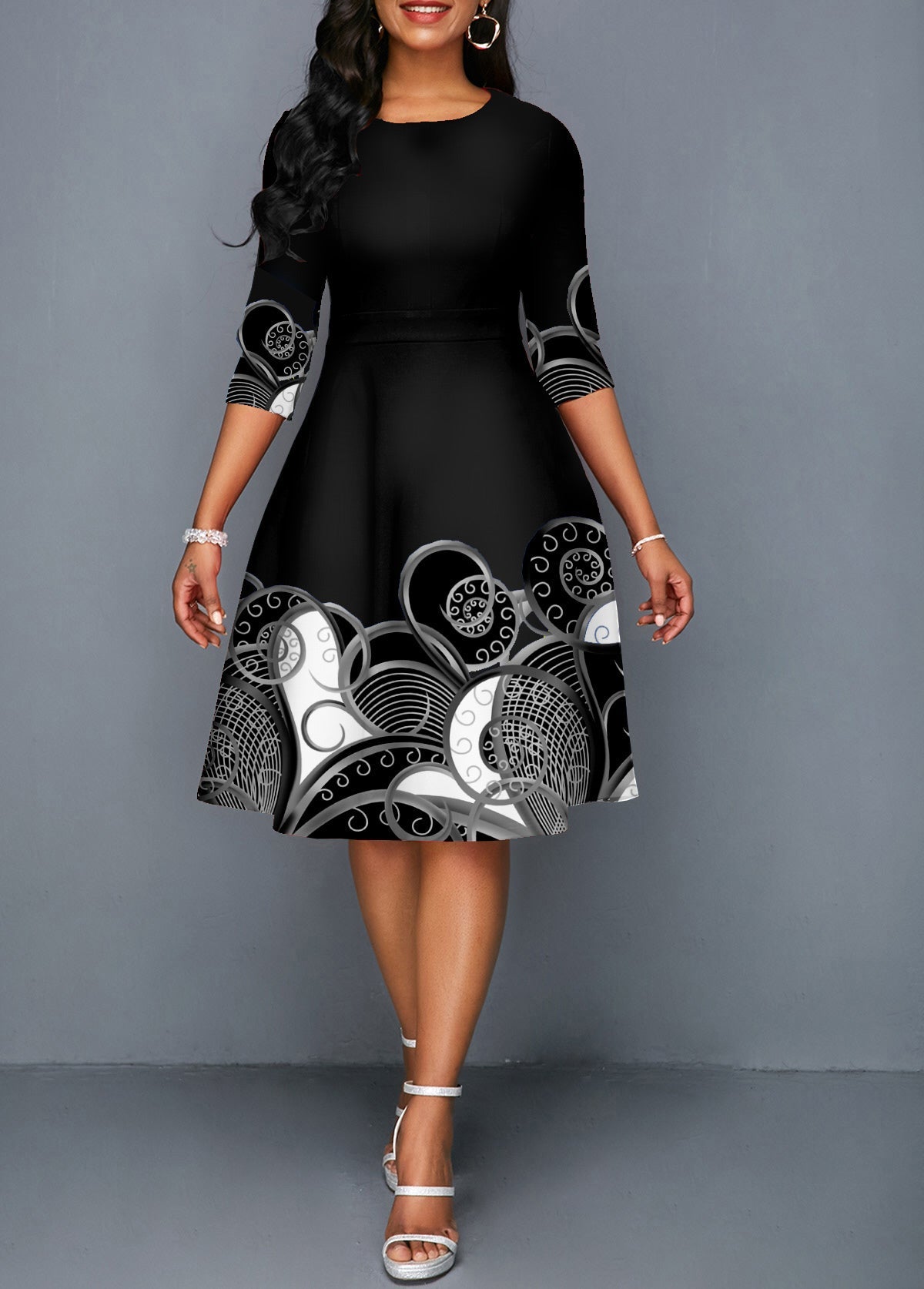 3/4 Sleeve Tribal Print Round Neck Dress