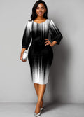 Printed Lantern Sleeve Ombre Sheath Dress