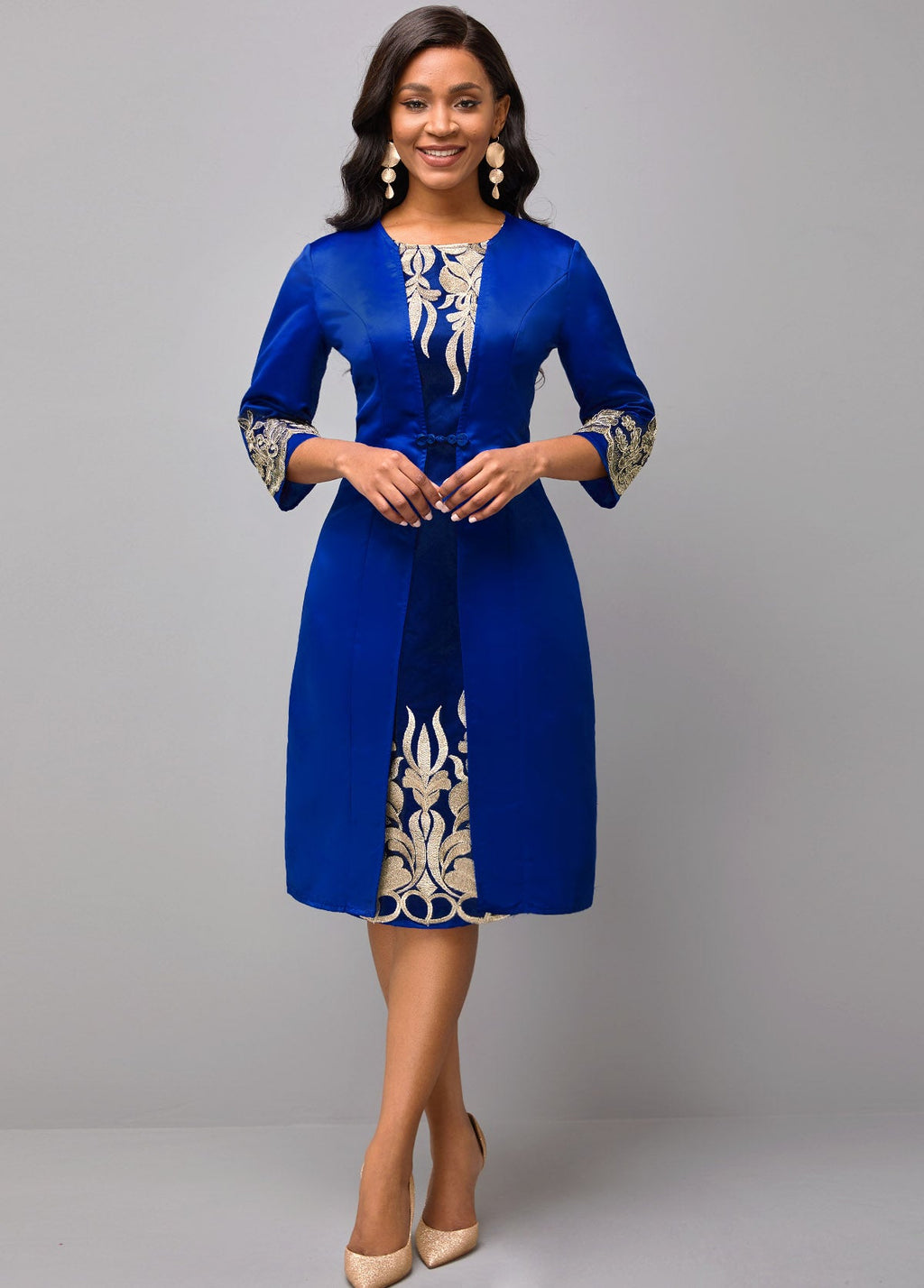 3/4 Sleeve Round Neck Embroidered Dress