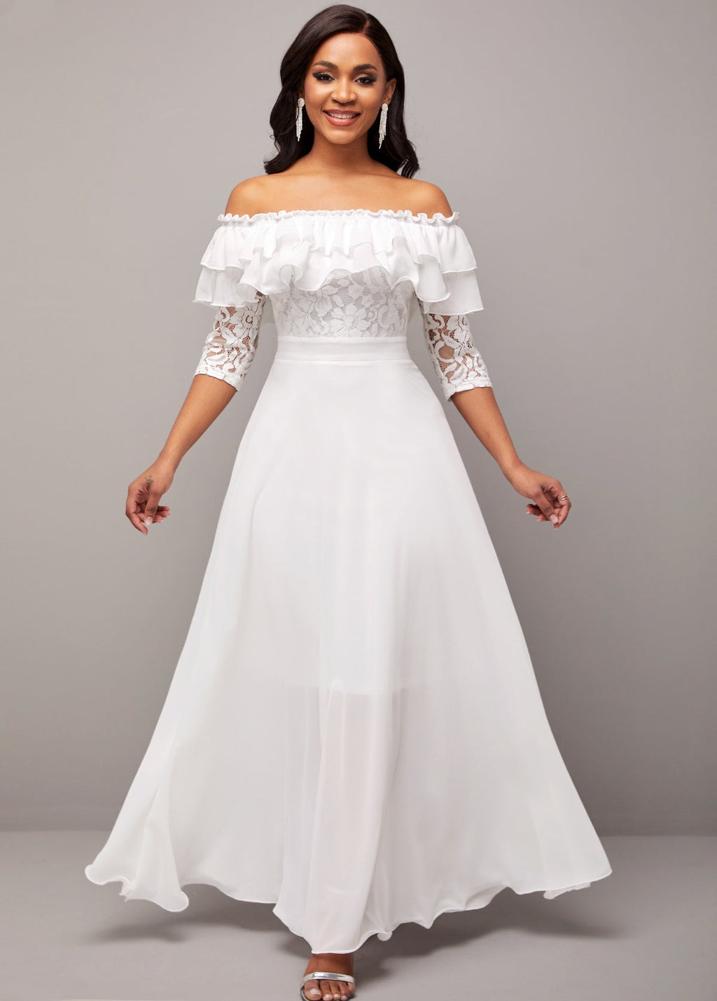 Flounce Lace Stitching White Off Shoulder Dress