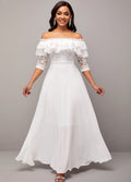 Flounce Lace Stitching White Off Shoulder Dress