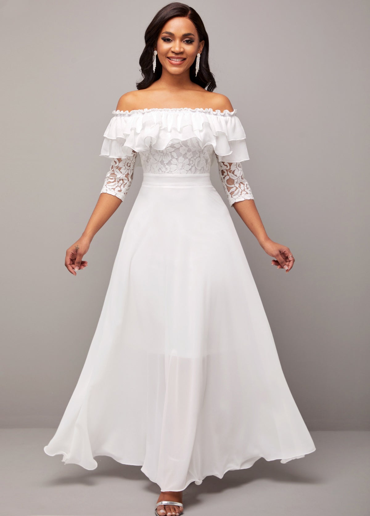 Flounce Lace Stitching White Off Shoulder Dress