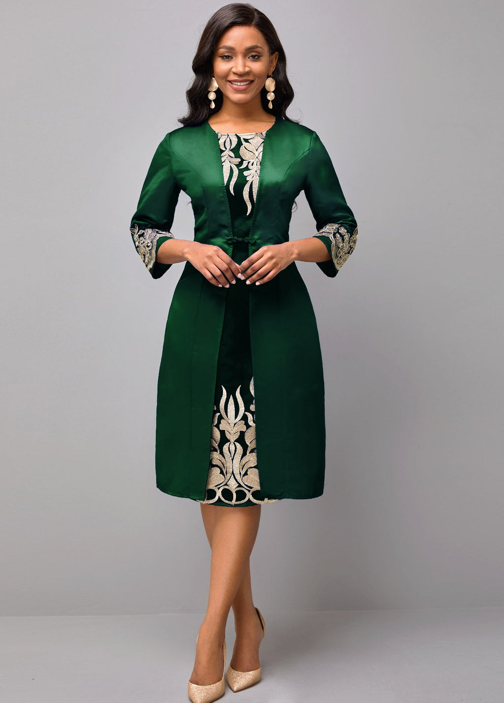 3/4 Sleeve Round Neck Embroidered Dress