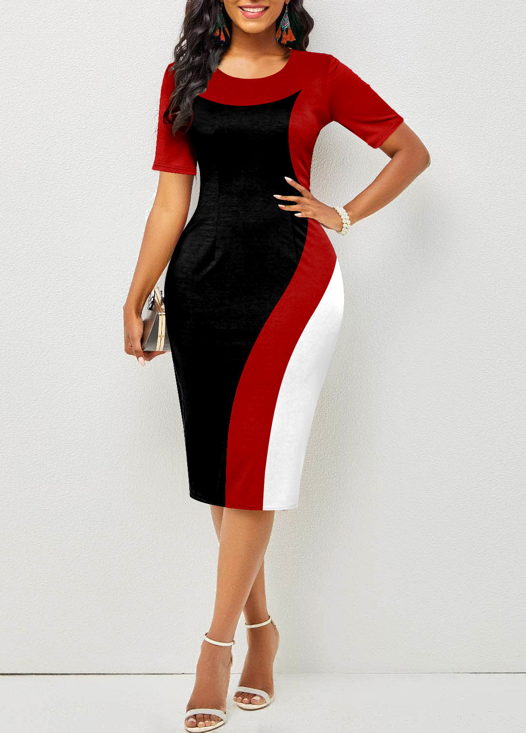 Contrast Round Neck Short Sleeve Dress