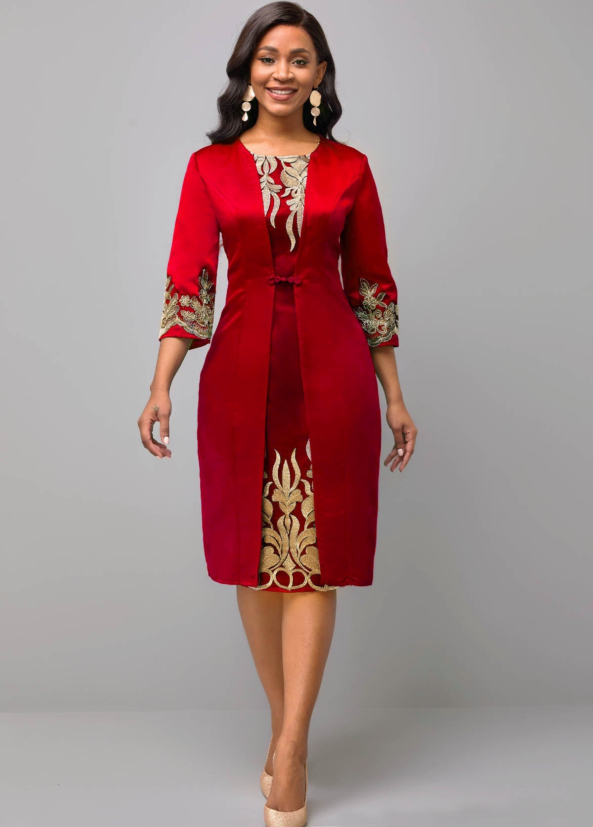 3/4 Sleeve Round Neck Embroidered Dress