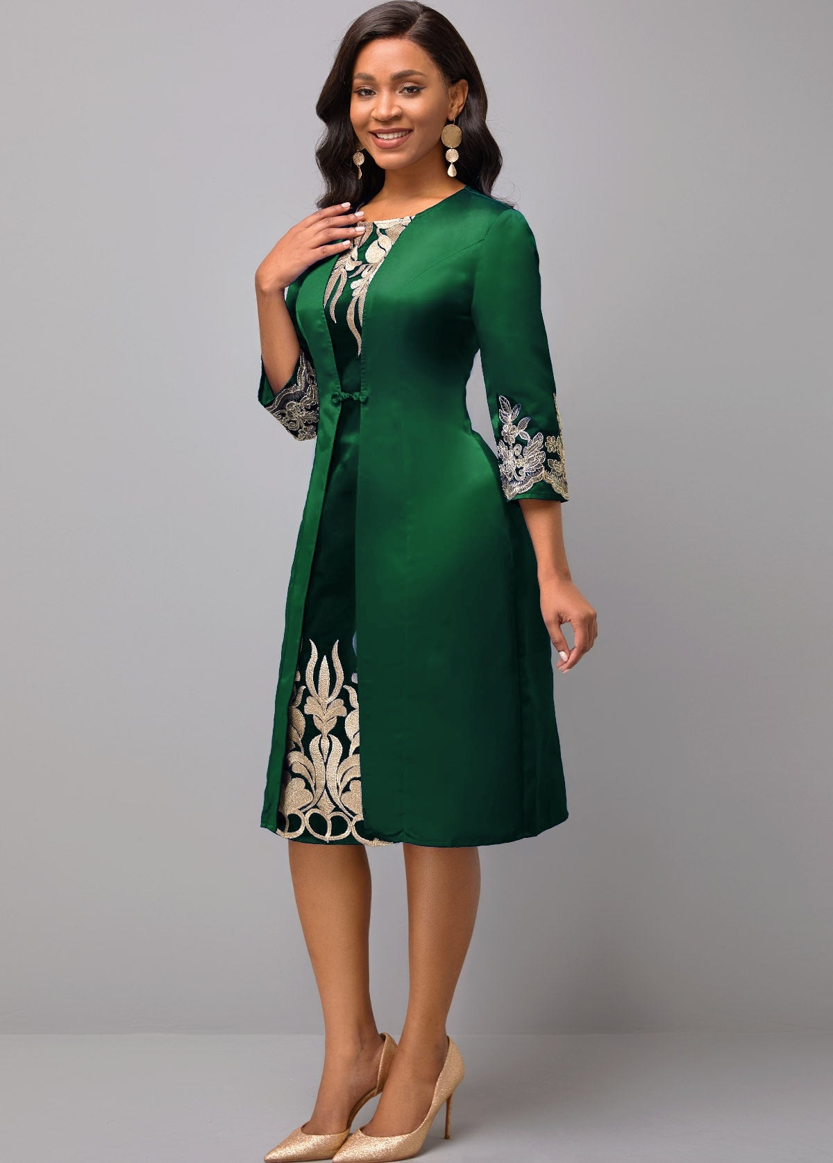 3/4 Sleeve Round Neck Embroidered Dress