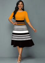 Contrast Striped Round Neck A Line Dress