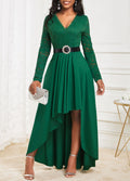 Green High Low V Neck Lace Dress