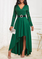 Green High Low V Neck Lace Dress