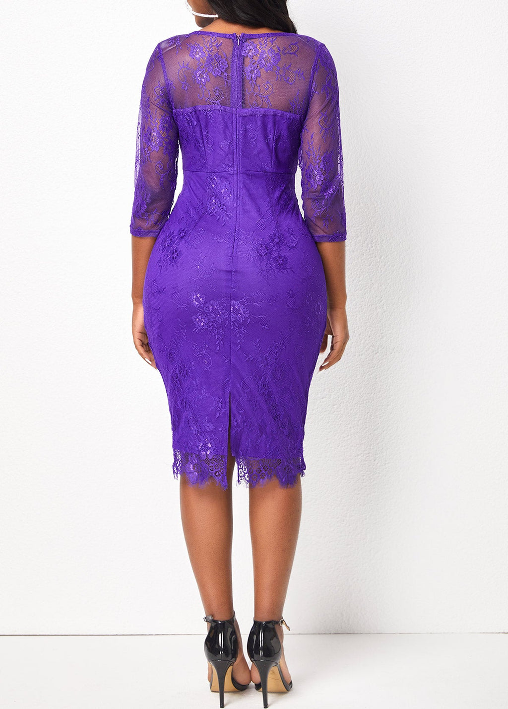 Purple Lace Stitching V Neck 3/4 Sleeve Dress