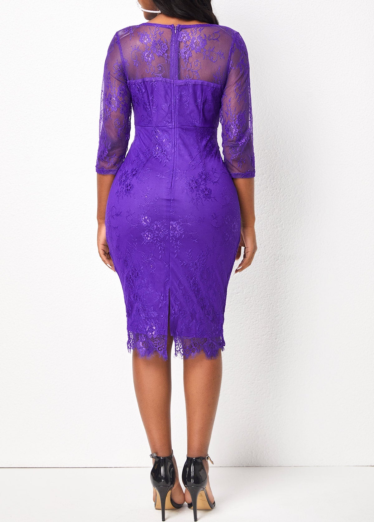 Purple Lace Stitching V Neck 3/4 Sleeve Dress