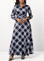 Plaid Button Black Shirt Collar Maxi Dress