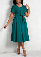 Short Sleeve V Neck Belted Dress