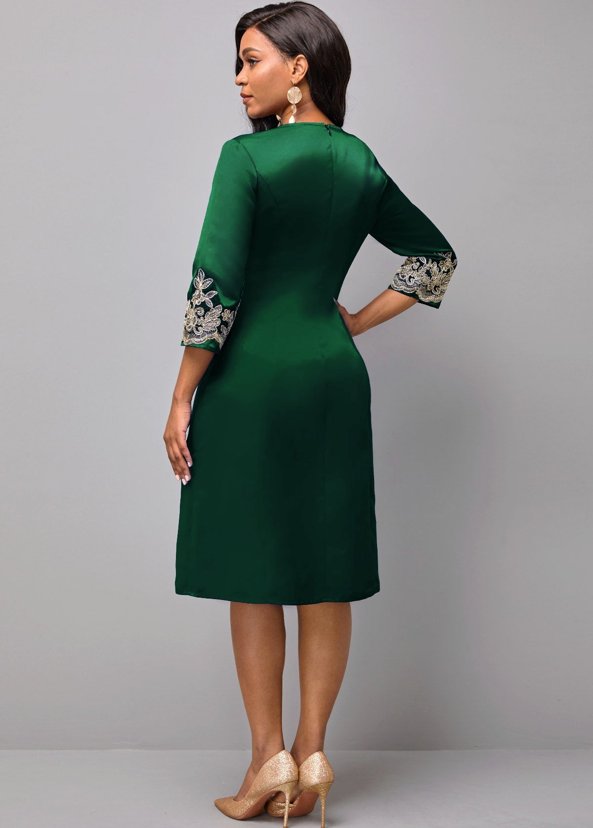 3/4 Sleeve Round Neck Embroidered Dress