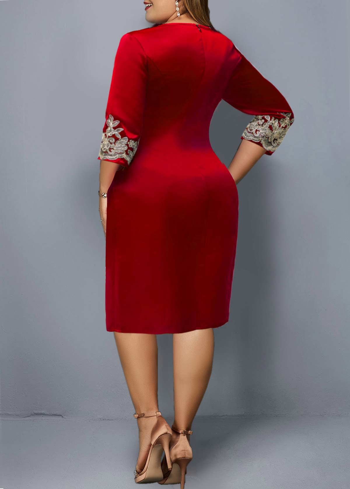 3/4 Sleeve Round Neck Embroidered Dress
