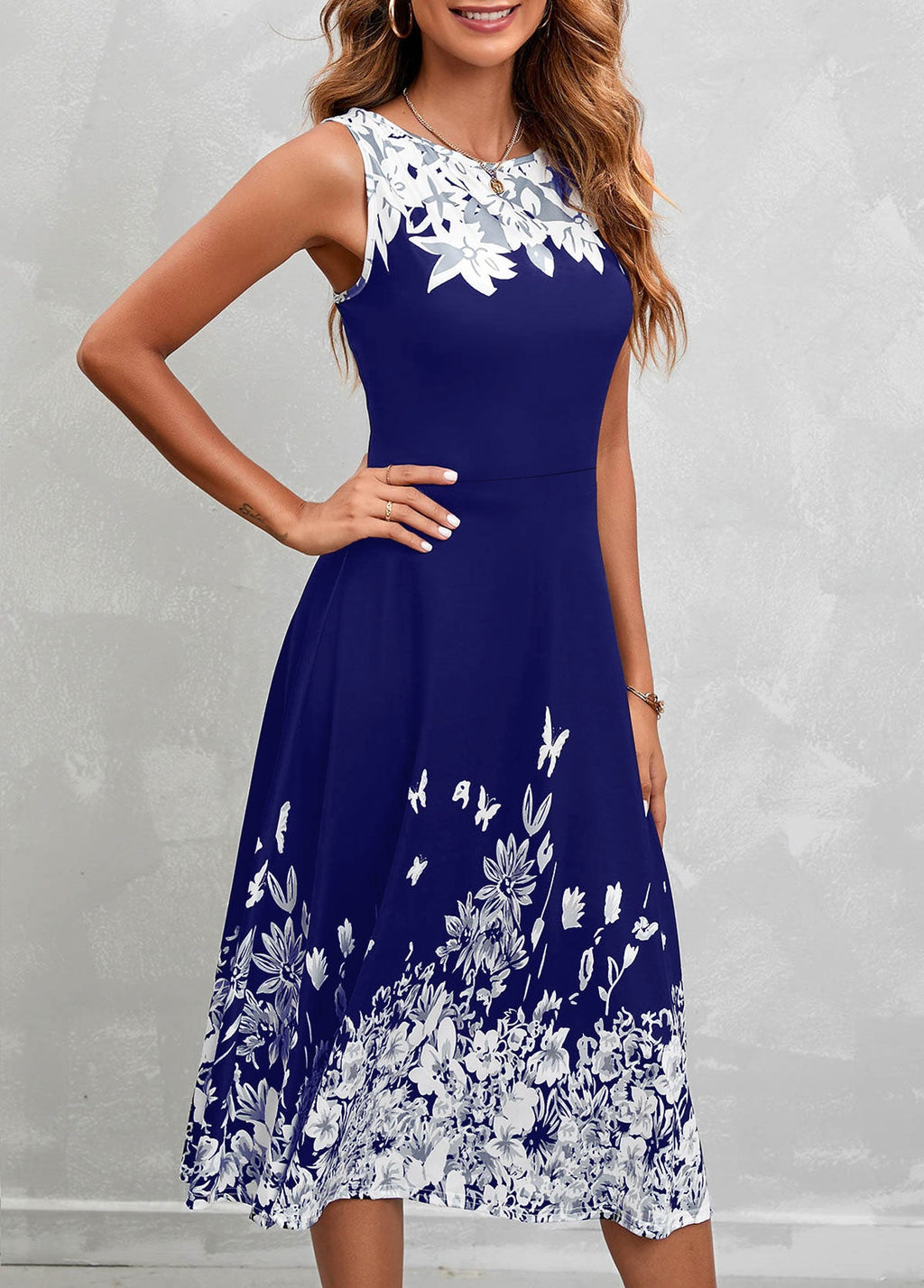 Floral Print Sleeveless Navy High Waist Dress