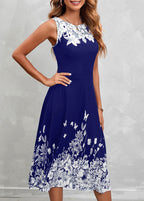 Floral Print Sleeveless Navy High Waist Dress